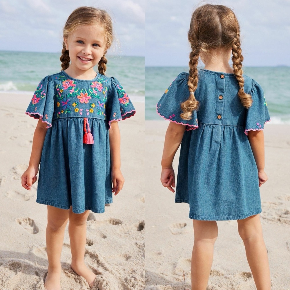 NEXT Medium Wash Lightweight Denim Floral Embroidered Kaftan Mini Dress Sz 3-4T